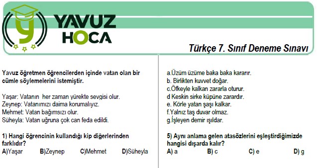 7. Sınıf Yeni Nesil Deneme Serisi-1 (Yavuz Hoca)