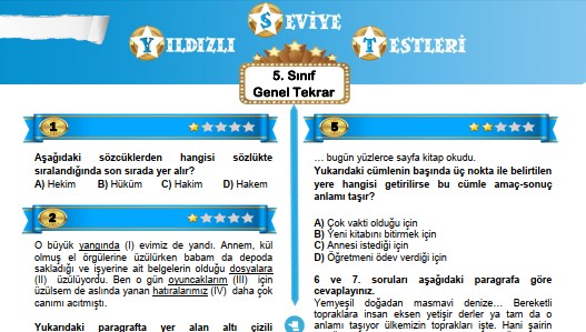 5. Sınıf 1. Dönem Tarama Testi (Yıldızlı Seviye Testleri)