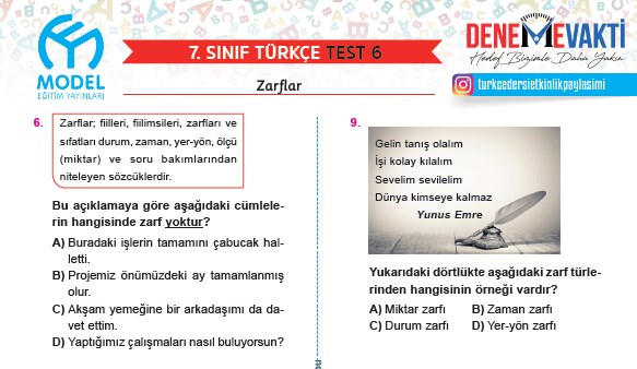 7. Sınıf Zarflar Testi (6 Test)