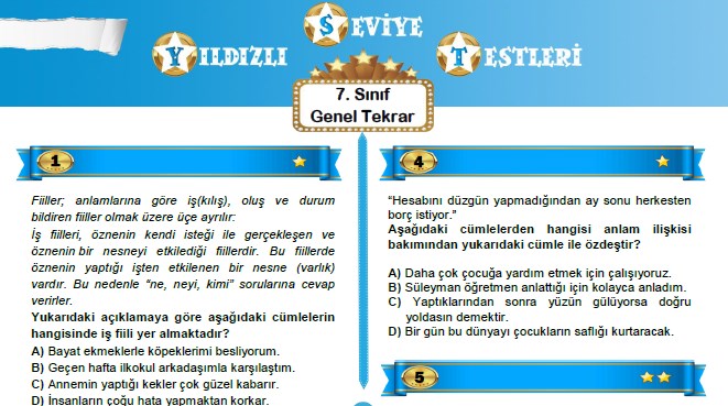 7. Sınıf Genel Tekrar Testi (Yıldızlı Seviye Testleri)