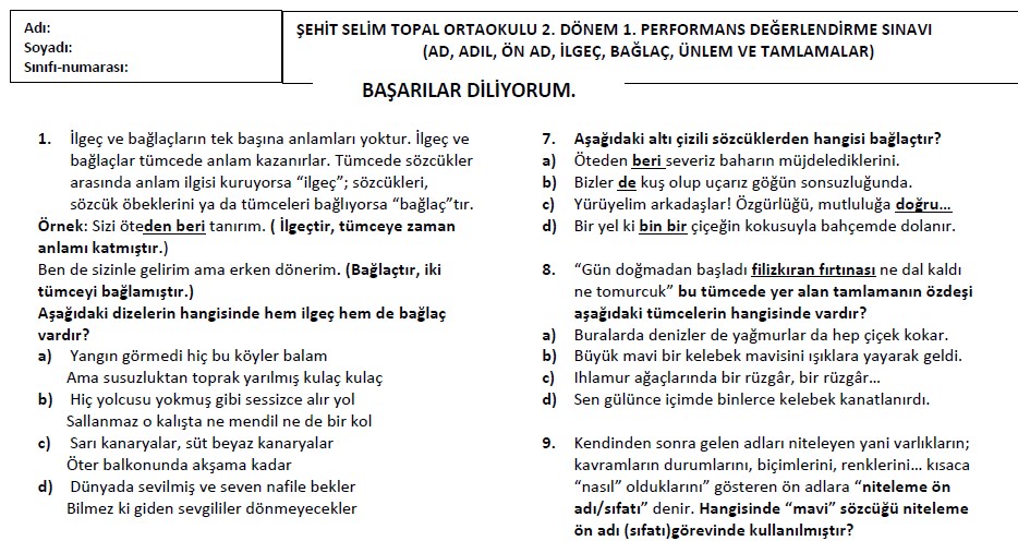 6. Sınıf Sözcük Türleri Testi