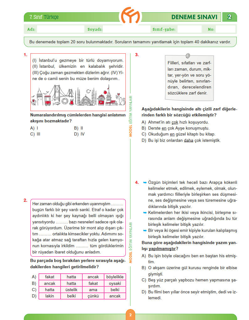 7 Sinif Turkce Evdekal Deneme Sinavi Model Yayinlari Turkceci Net