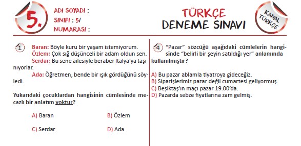 5. Sınıf Türkçe Deneme Sınavı (Kanal Türkçe)