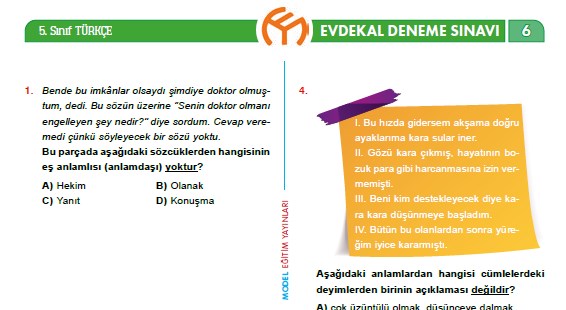 5. Sınıf Türkçe #evdekal Deneme Sınavı – 6 (Model Yayınları)