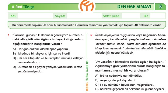 8. Sınıf Türkçe #evdekal Deneme Sınavı – 3 (Model Yayınları)