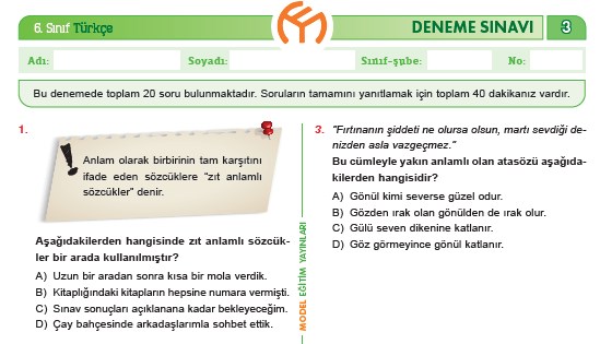 6. Sınıf Türkçe #evdekal Deneme Sınavı – 3 (Model Yayınları)