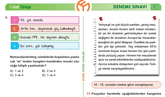 7 Sinif Turkce Evdekal Deneme Sinavi 3 Model Yayinlari Turkceci Net