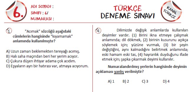 6. Sınıf Türkçe Deneme Sınavı – 2 (Kanal Türkçe)