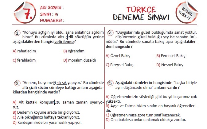 7 Sinif Turkce Deneme Sinavi Kanal Turkce Turkceci Net