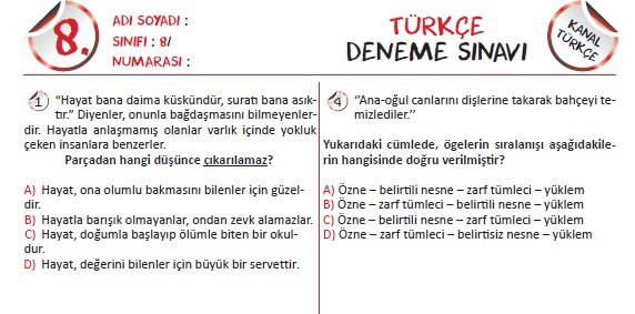 8. Sınıf Türkçe Deneme Sınavı (Kanal Türkçe)