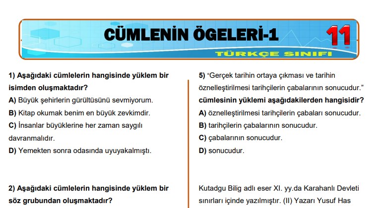 Cümlenin Ögeleri Testi (Türkçe Sınıfı)