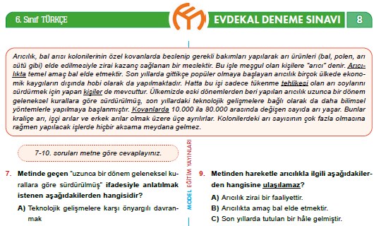 6. Sınıf Türkçe #evdekal Deneme Sınavı – 8 (Model Yayınları)