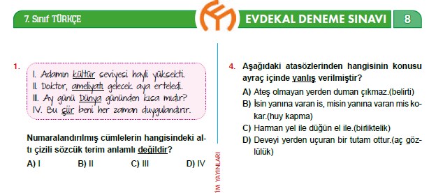 7 Sinif Turkce Evdekal Deneme Sinavi 8 Model Yayinlari Turkceci Net