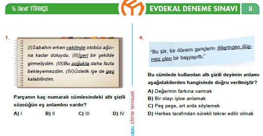 5. Sınıf Türkçe #evdekal Deneme Sınavı – 8 (Model Yayınları)