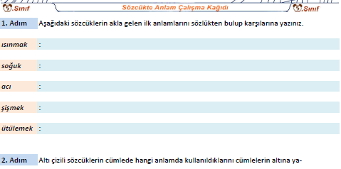 5. Sınıf Sözcükte Anlam Çalışma Kağıdı (Adım Adım)