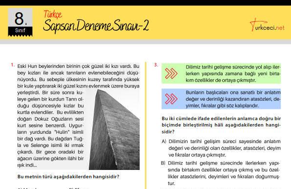 Sapsarı Türkçe Denemesi-2 (8. Sınıf LGS)