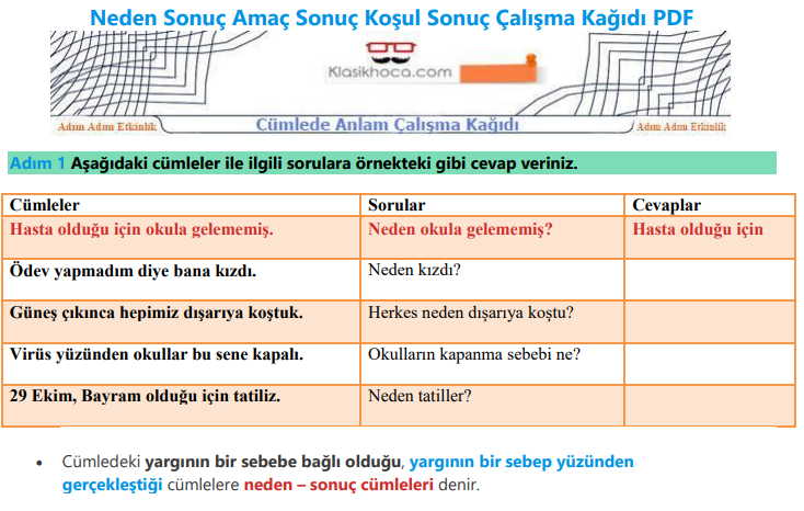 Neden Sonuç Amaç Sonuç Koşul Sonuç Çalışma Kağıdı