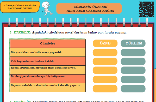 Cümlenin Ögeleri Adım Adım Çalışma Kâğıdı